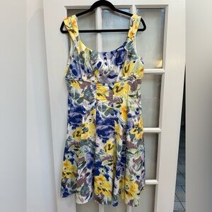 Maggy London Cotton Art To Wear Watercolor Floral Chic Fit & Flare Dress Size 14